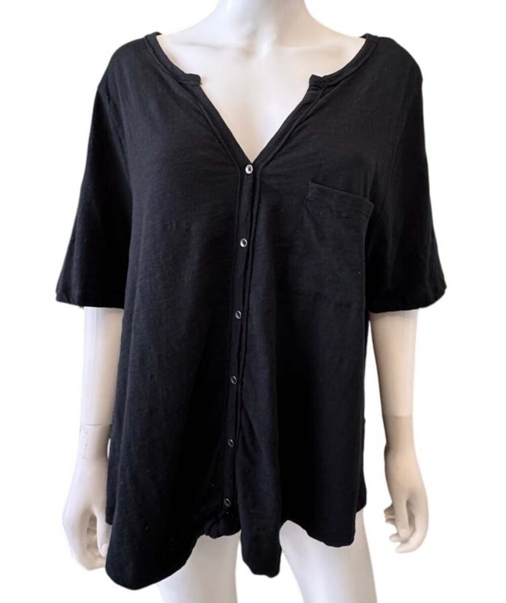 NEW CASLON NORDSTROM Women's Black Cotton V Neck Button Up Top Size L